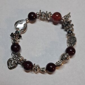 Boho Chic Silver Tone Hearts and Brown Agate Beads Bracelet on elastic